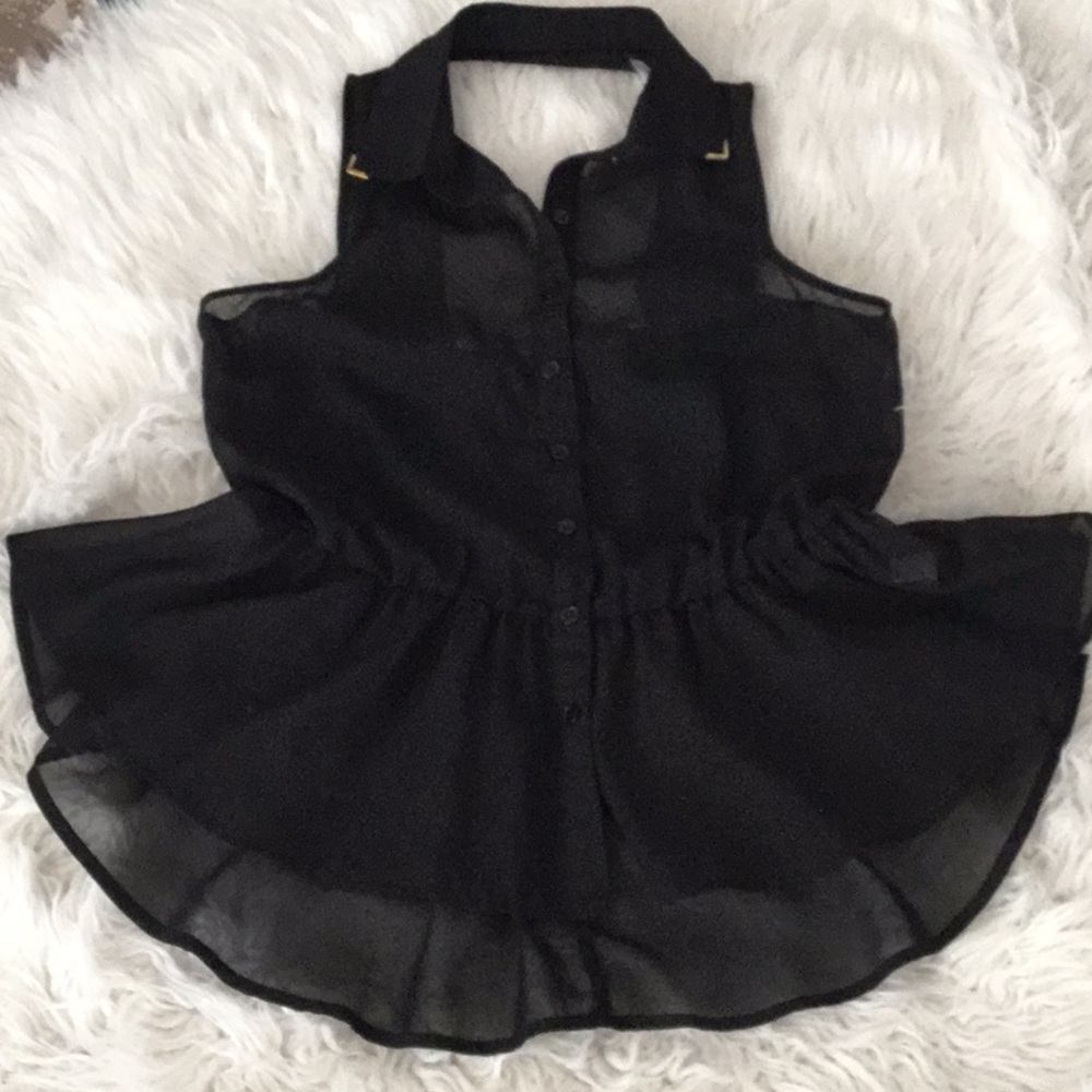 Material Girl Sheer Black Sleeveless Blouse with Open Back Detail.